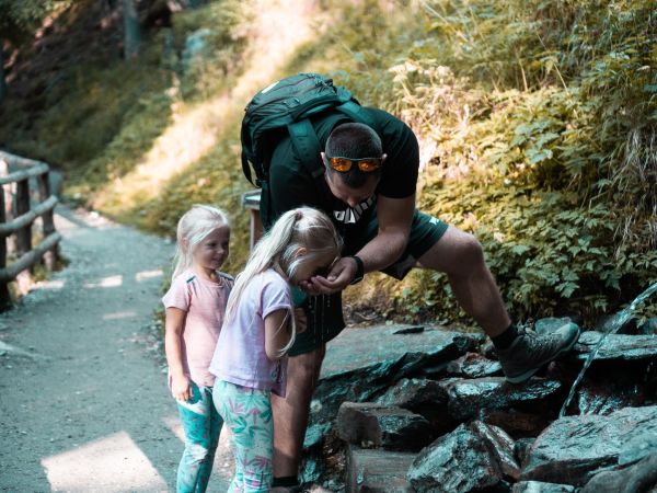 Familien wandern auf einem kindgerechten Naturerlebnispfad